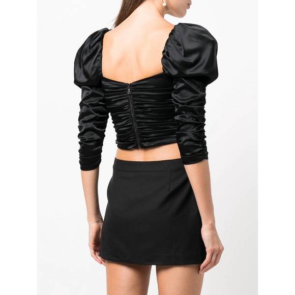 NEW ALICE + OLIVIA katrice 3/4 puff sleeve square neck ruched top blouse in blac - Picture 4 of 4
